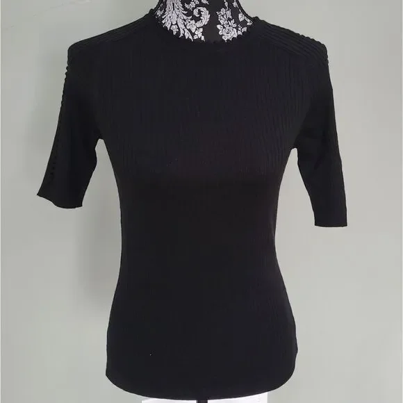 Carven Ribbed Wool Top with Ladderwork-BLACK-Small - Picture 2 of 7